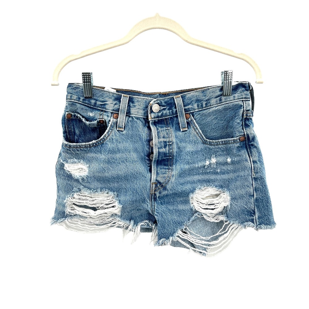 Levi's 501 classic high rise jean button fly distressed denim shorts boho 27